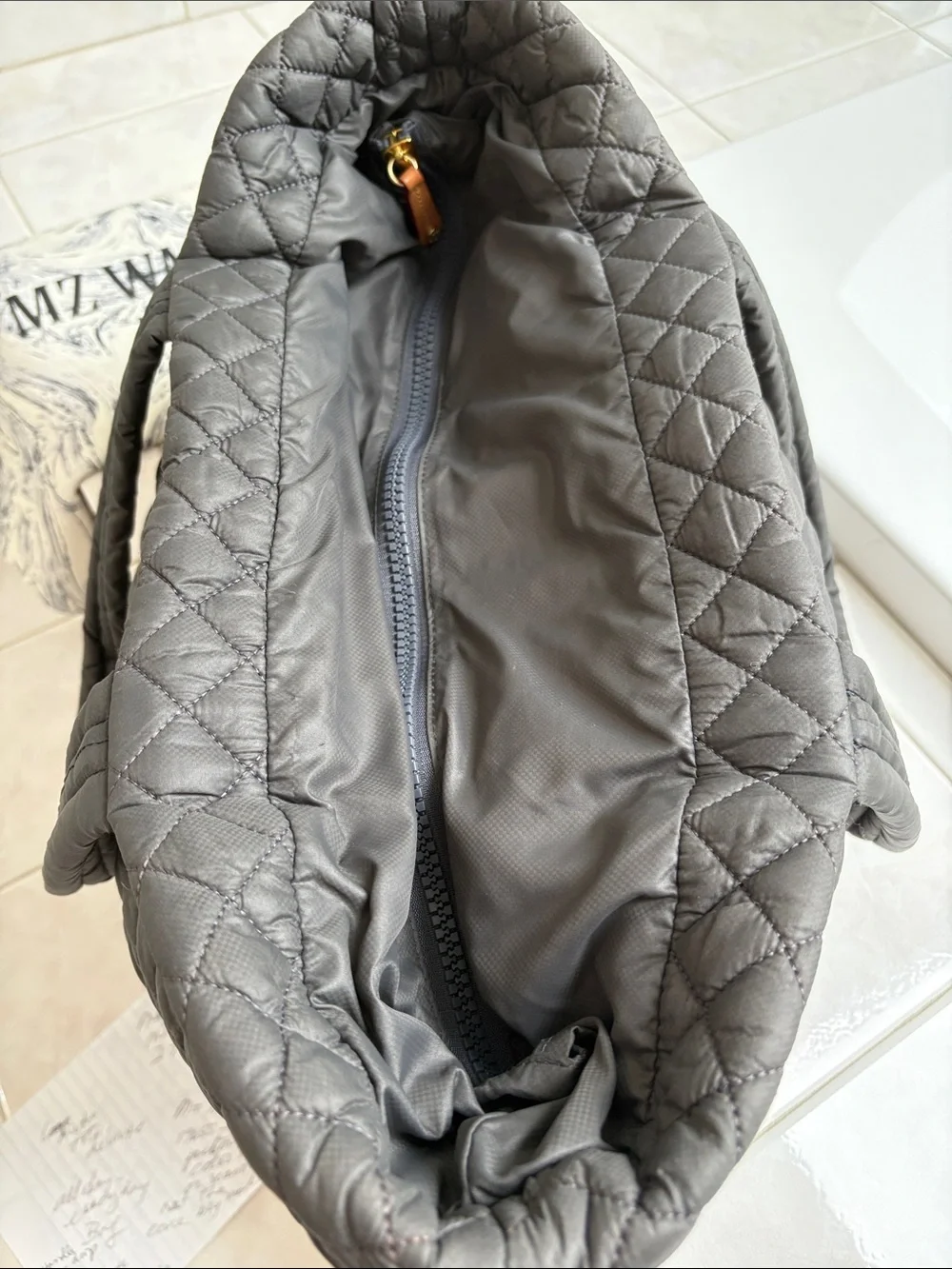 MZ Wallace Metro Tote Quilted Shoulder Bag in Charcoal Gray